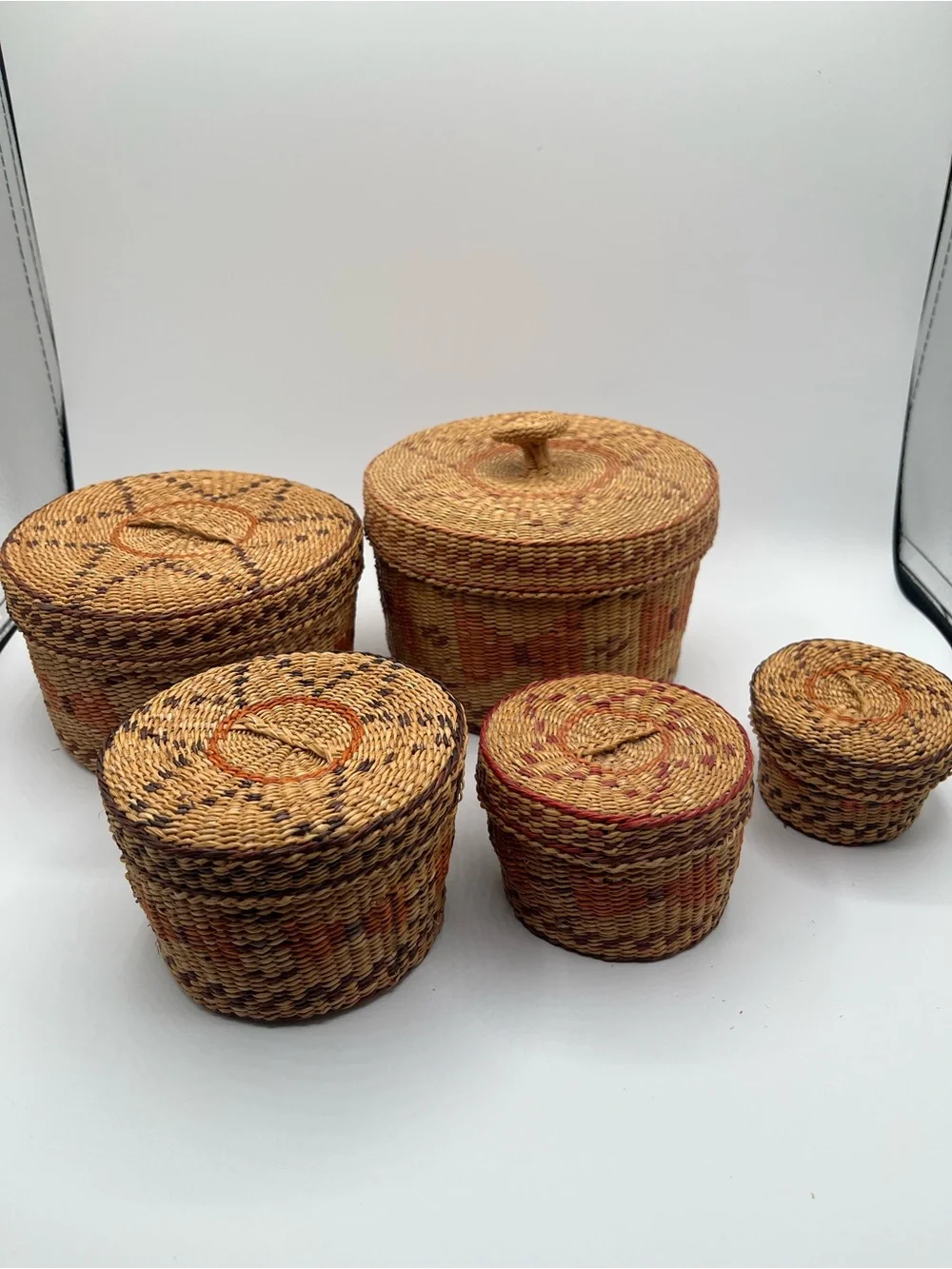 Vintage Handwoven Baskets with Lids - Set of 5
